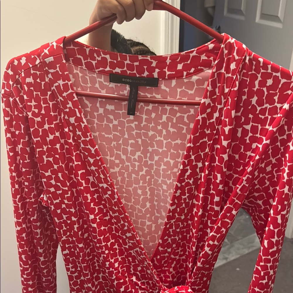 BCBG Red Sheer Plunging V-Neck Midi Dress